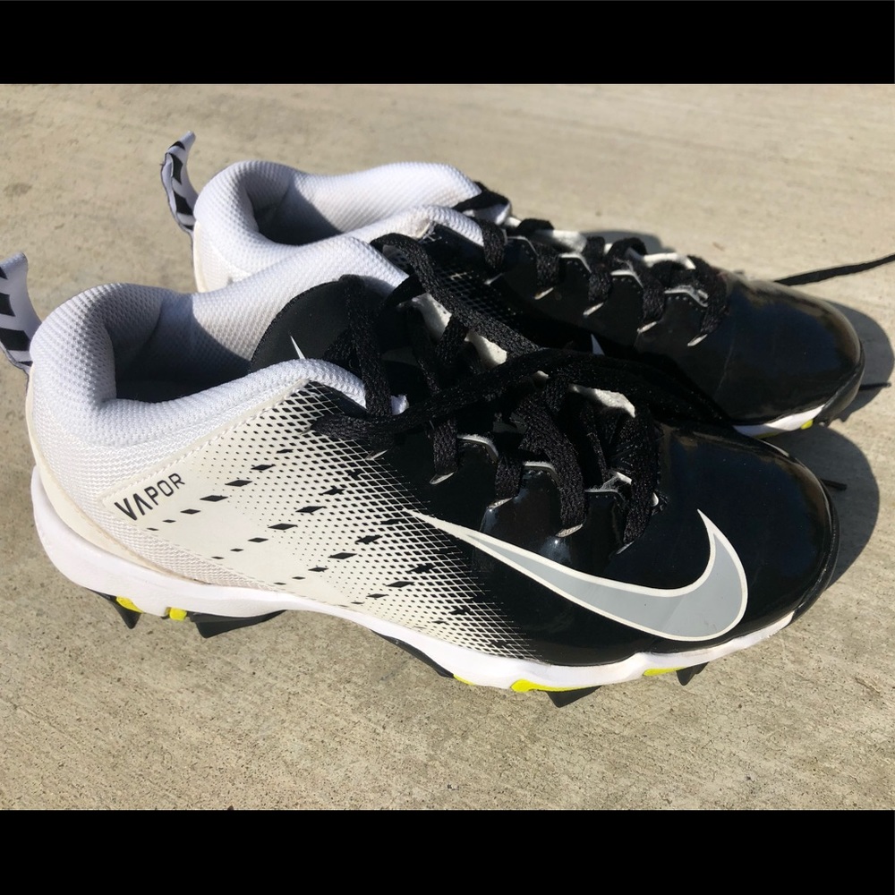 Nike Kids Black White Vapor Cleats with Yellow Accents